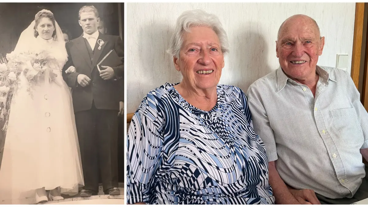 Links die kirchliche Trauung, rechts Ilse und Karl Rilling heute. Ihre Geschichte erzählt von 70 Jahren Ehe und einer Zeit, in der Hochzeiten noch das ganze Dorf bewegten.
