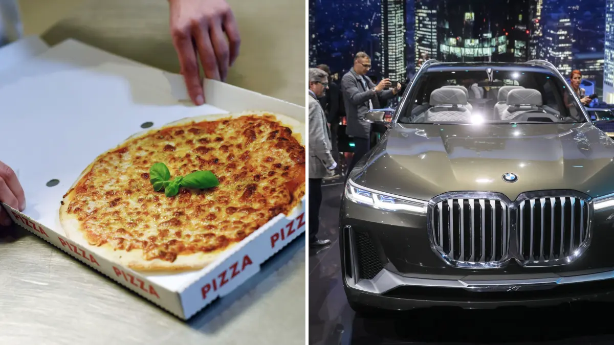 Links Pizza-Karton, rechts SUV.
