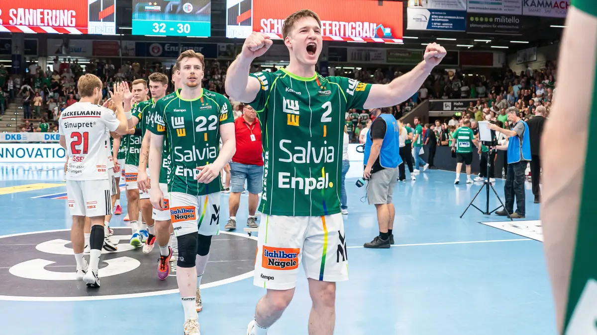 Frisch Auf Goeppingen vs. HC Erlangen, Handball, 1. Bundesliga, Herren, Spielzeit 2026/2027, 29.08.2026: Oskar Neudeck (Frisch Auf Goeppingen, #02) jubelt lautstark, Frisch Auf Goeppingen vs. HC Erlangen, Handball, 1. Bundesliga, Herren, Spielzeit 2026/2027, 29.08.2026,
Foto: Eibner-Pressefoto/Michael Schmidt