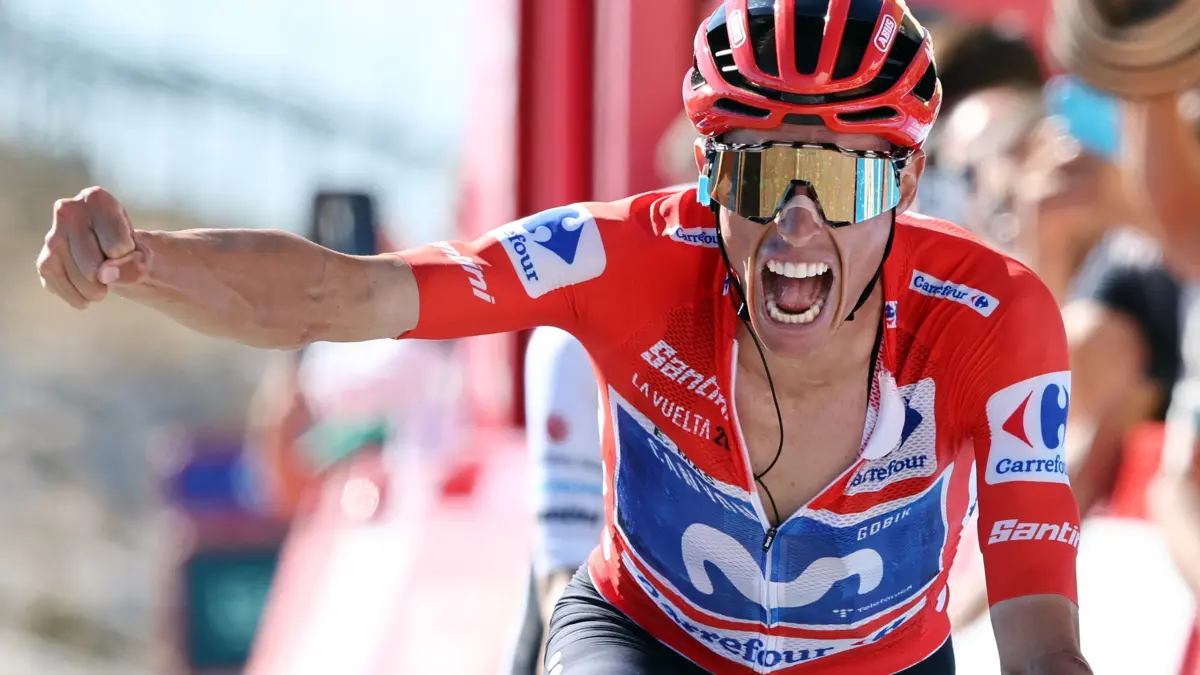 CYCLING-ESP-VUELTA: Team Movistar's Spanish rider Enric Mas celebrates winning the 9th stage of the Vuelta a Espana 2026 cycling tour, a 187,4 km race between Villajoyosa and Alto de Aitana in Confrides, on August 30, 2026. (Photo by Josep LAGO / AFP)