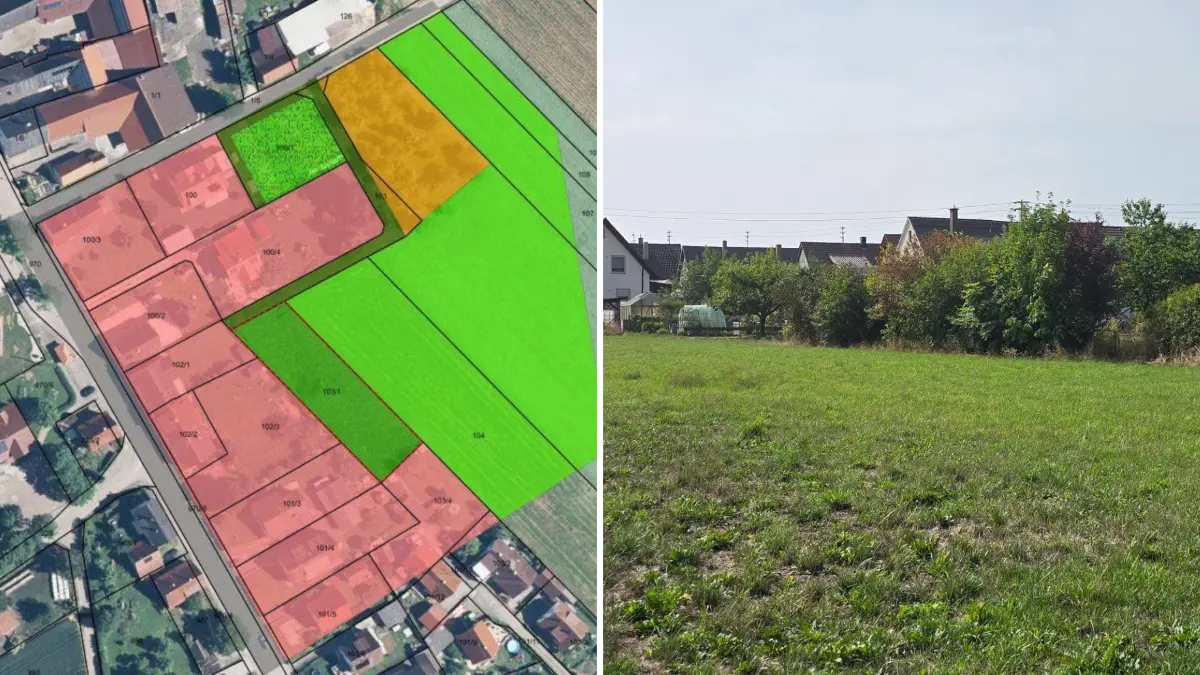 Um zwei Bauprojekte am Dorfrand zu ermöglichen, hat der Ramminger Gemeinderat eine Einbeziehungssatzung beschlossen. An der beißen sich einige Bürger fest und wittern Ungerechtigkeit. Im Bild links in Rot ist der Gebäudebestand zu sehen, die dunkelgrüne Fläche soll bebaut werden, rechts ein aktuelles Bild.