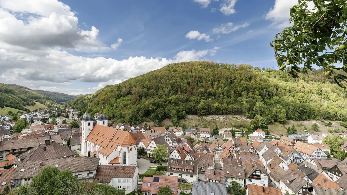 Blick, von einem leicht erhöhtem Standpunkt, auf die Ort Wiesensteig im Oberen Filstal. In der Bildmitte die katholische Stiftskirche St. Cyriakus, rechts geht der Blick Richtung Mühlhausen im Täle und links in Richtung Filsursprung.