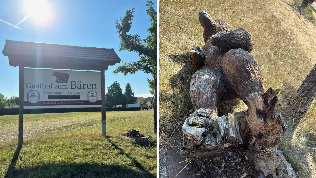 Die Bären-Statue stand seit Jahren in der Haller Straße, am Ortseingang von Bühlertann. Jetzt findet sich neben dem Schild des Gasthof zum Bären nur noch der Sockel.