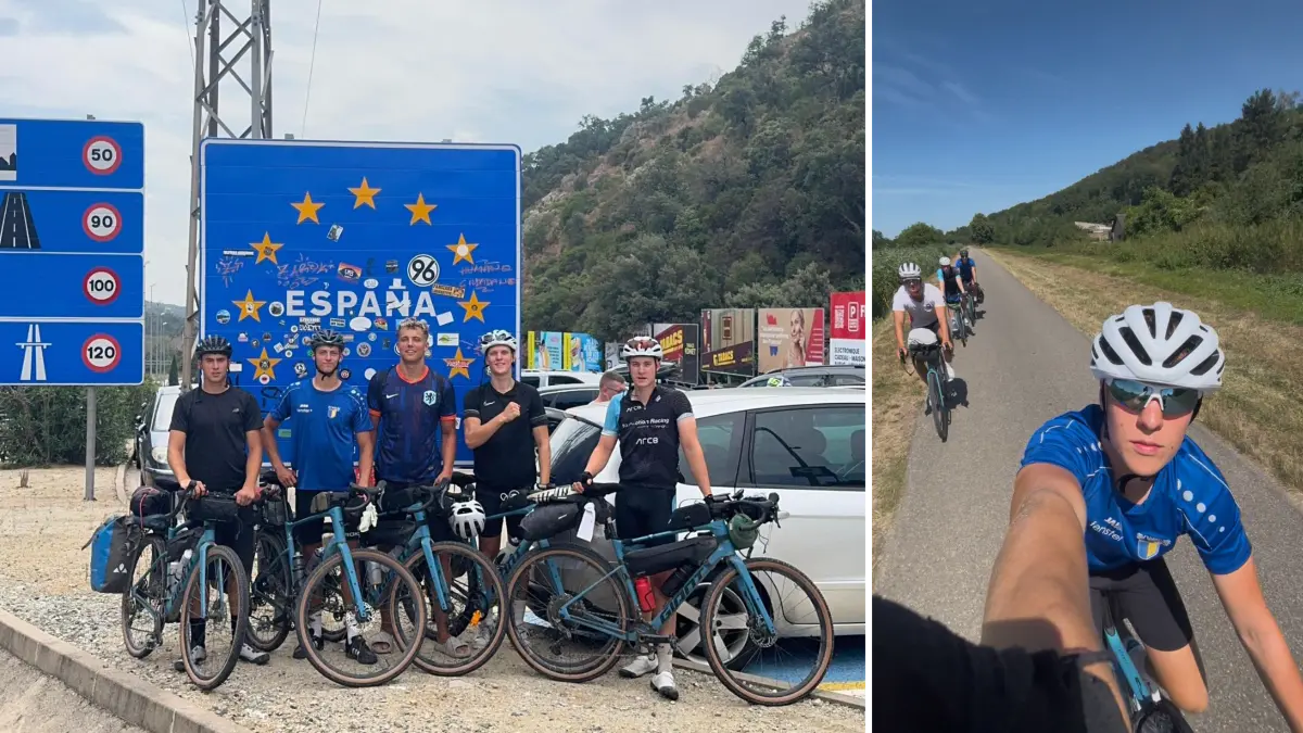 Eviva España: Die Rottenburger Vincent Neher, Mika Thomas, Sidney Raidt, Fynn Steckeler und Sven Fischer (von links) posieren mit ihren Rädern an der französisch-spanischen Grenze.