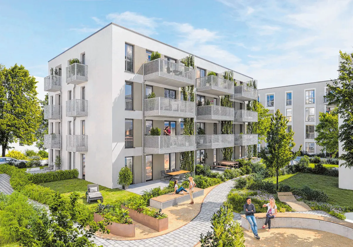 Ein Quartier in unmittelbarer Nähe zur Innenstadt: Das Bauprojekt „HausGemeinschaft“ von Hofmann Haus im Bahnhofsareal in Schwäbisch Hall ist eines von drei Gebäuden, die dort gebaut werden. ⇥Visualisierungen: Hofmann Haus