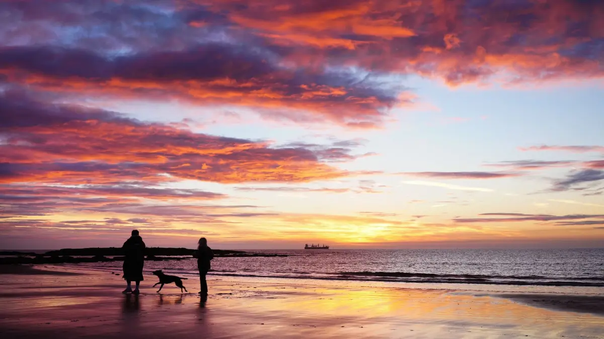 Wetter in Großbritannien: 06.09.2026, Großbritannien, Tynemouth Beach: Spaziergänger sind bei Sonnenaufgang am Strand von Tynemouth im Nordosten Englands mit ihrem Hund unterwegs. Foto: Owen Humphreys/PA Wire/dpa +++ dpa-Bildfunk +++