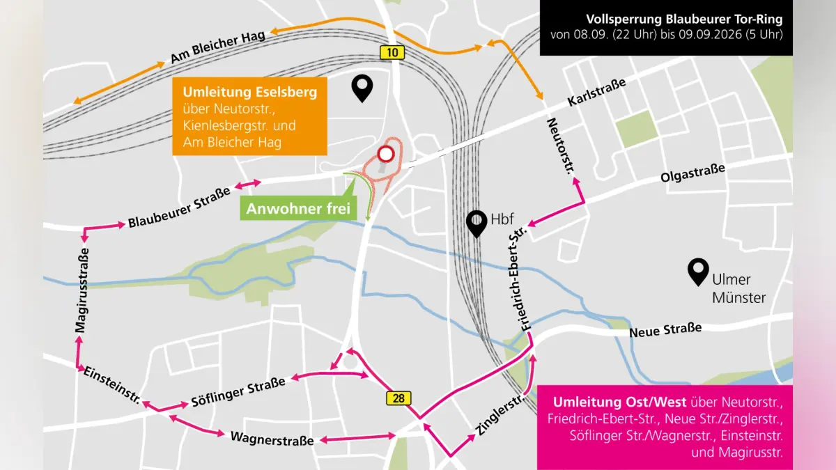Sperrung Blaubeurer Ring/Spatz am 8.9. - Umleitunsgsstrecken