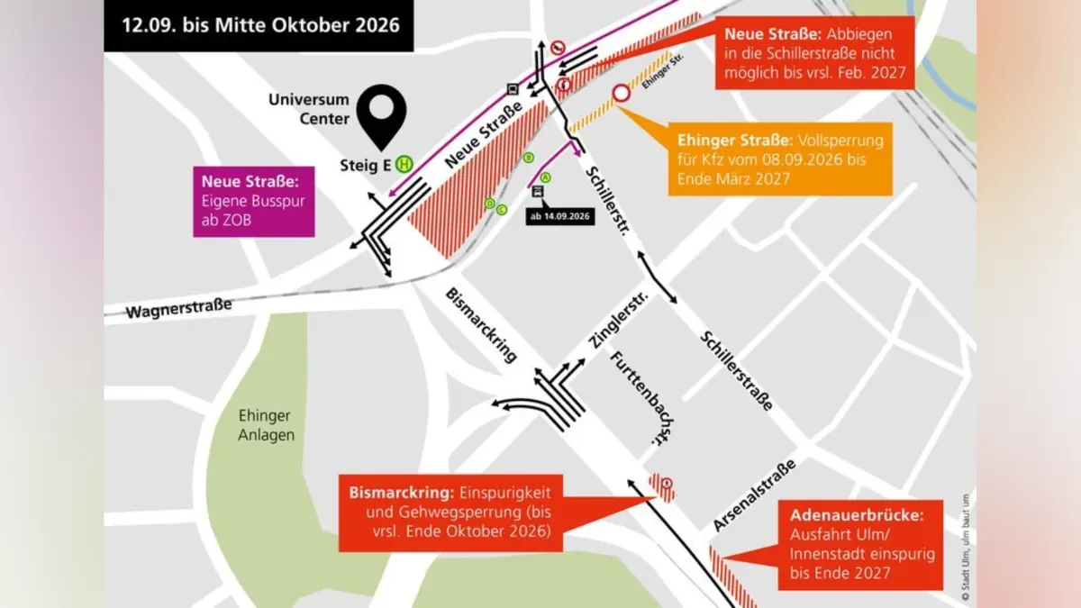 Verkehrsführung am Ehinger Tor ab 12.9. - die Straßenbahnen fahren dann wieder.
