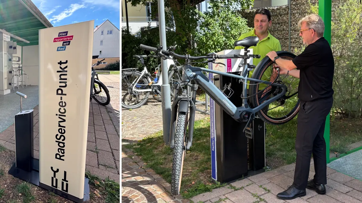 Hans-Peter Engelhart und Mike Münzing (von links) weihen die neue Radservice-Station vor dem Rathaus ein. Den Großteil der Kosten hat das Land mit einer Förderinitiative gestemmt.