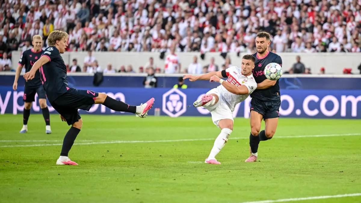 VfB Stuttgart - Viking Stavanger: 09.09.2026, Baden-Württemberg, Stuttgart: Fußball, Männer: Champions League, VfB Stuttgart - Viking Stavanger, Vorrunde, 1. Spieltag, MHPArena. Ermedin Demirović (VfB Stuttgart) mit dem Torschuss zum 3:1. Foto: Harry Langer/dpa +++ dpa-Bildfunk +++