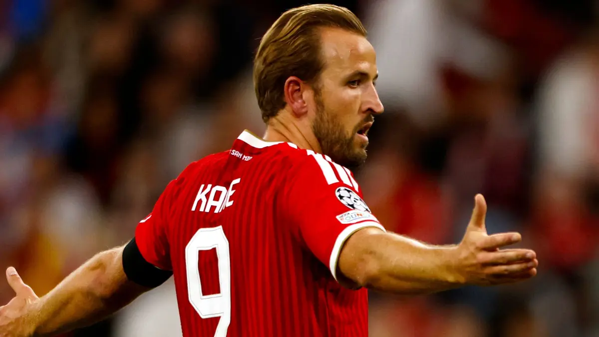 FBL-EUR-C1-BAYERN MUNICH-BODO/GLIMT: Bayern Munich's English forward #09 Harry Kane reacts during the UEFA Champions League football match between FC Bayern Munich and Bodo/Glimt at the Allianz Arena Stadium in Munich on September 10, 2026. (Photo by Michaela STACHE / AFP)