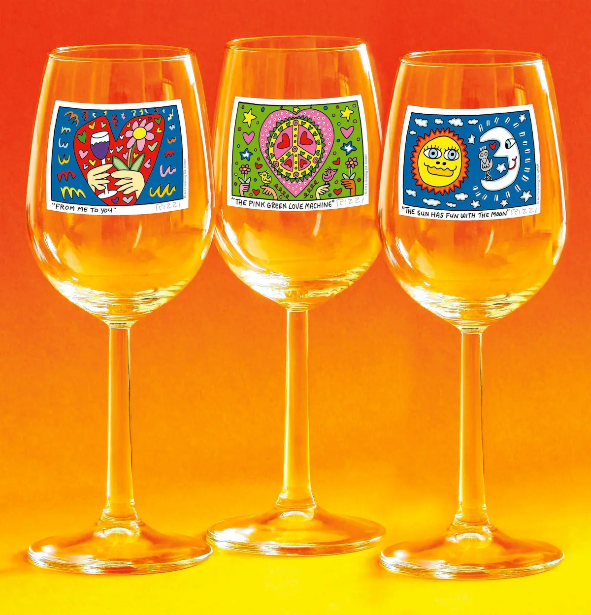 Die exklusiv gestaltetetn Weingläser mit Motiven des 2011 verstorbenen amerikanischen Pop-Art-Künstler James Rizzi. Neu ist das Motiv "The Sun has fun with the moon" (Glas rechts). Foto: Tübingern erleben GmbH⇥Tübingen erleben GmbH