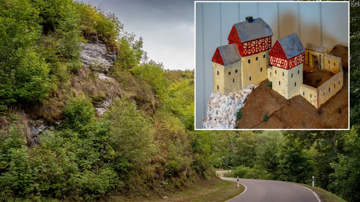 So sah sie vermutlich aus – und auf diesem Felssporn neben der Straße zwischen Hossingen und Unterdigisheim stand sie: die Burg ob dem Burtel. Das Modell konnten die Wanderer in der Turn- und Festhalle bestaunen.