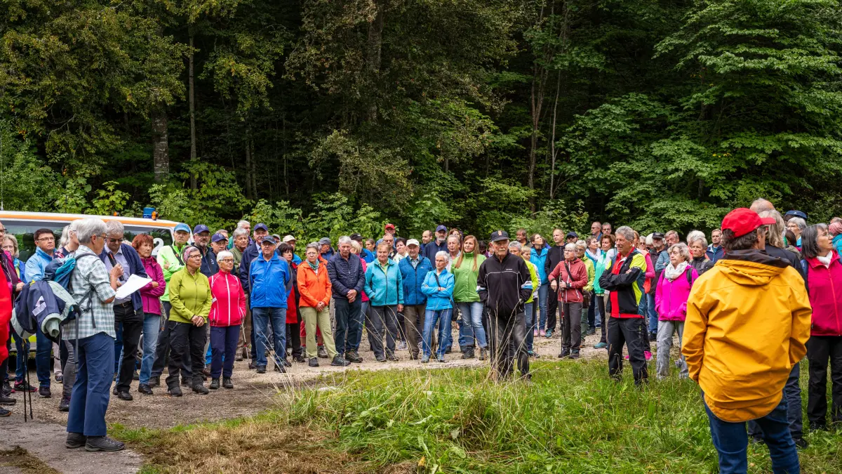 Interessiert verfolgt die Wandergruppe die Ausführungen von Rose Pfersich (Albverein Hossingen), die viel Wissenswertes über die einstige Hossinger Burg zu berichten wusste.