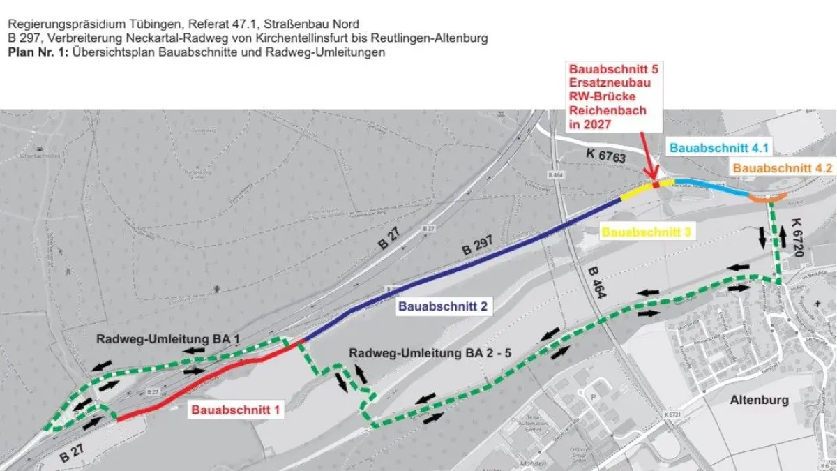 Die Maßnahmen auf dem Neckartalradweg zwischen Kirchentellinsfurt und Reutlingen-Altenburg.