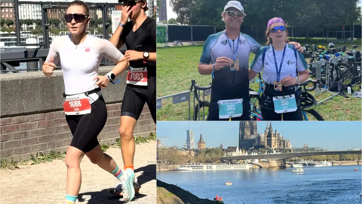 Triathlon im Angesicht des Doms: Julia Goppel und Jochen Kienle (re. oben) und Lena Reitemann (li) waren von der LG Steinlach-Zollern dabei.