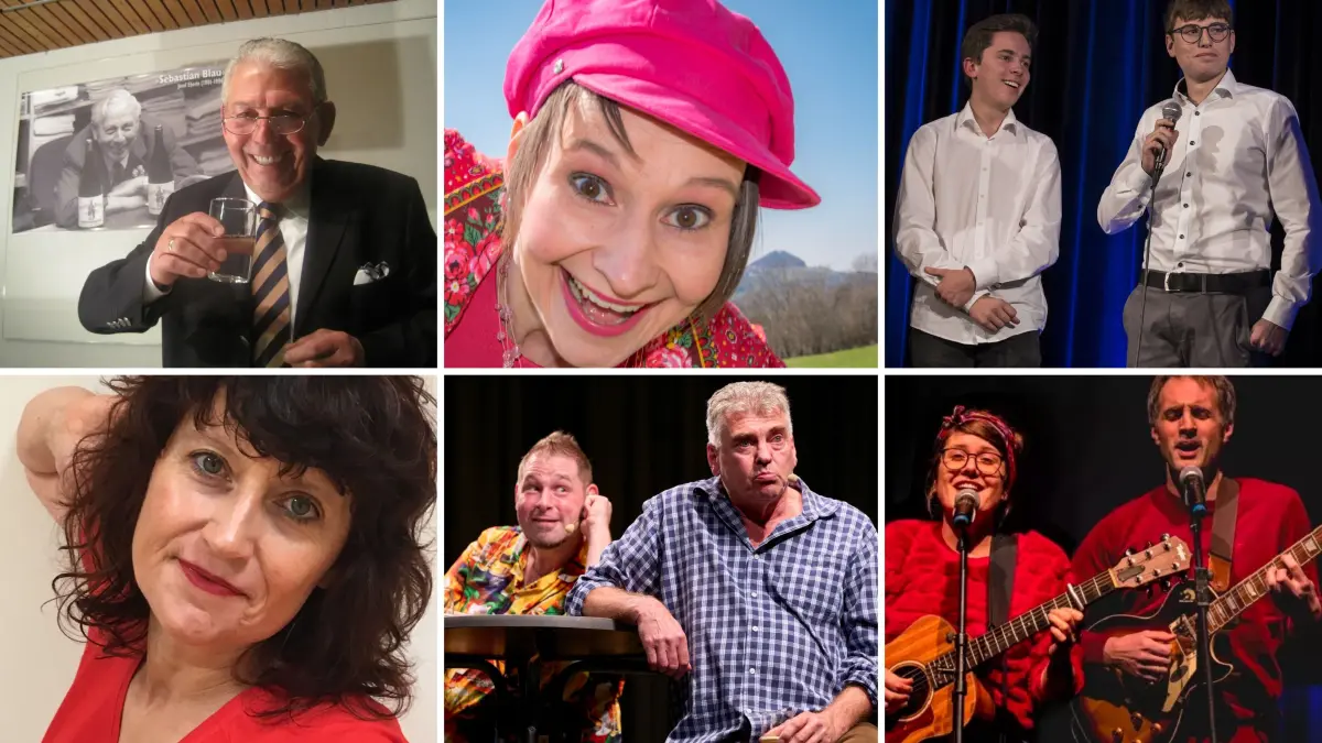 Einige der Mundart-Stars, die bei den Sebastian-Blau-Tagen 2026 in Rottenburg auftreten (im Uhrzeigersinn): Peter Nagel, Marlies Blume alias Heike Sauer, Patrick Nagel und Marco Truffner, Elena Seeger und Pius Jauch, das Duo Werner Schwarz als "Pfefferle" und Markus Zipperle, sowie Marion Kinzig.