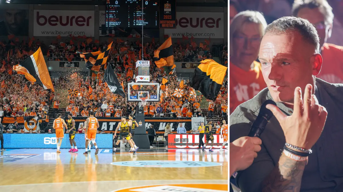 In der vergangenen Saison gelang Ratiopharm Ulm nach einer orangen Aktion mit Konfetti und Fahnen von Fan Attack Ulm - rechts Vorsitzender Andreas Gmeindl - der Derbysieg vor heimischer Kulisse.