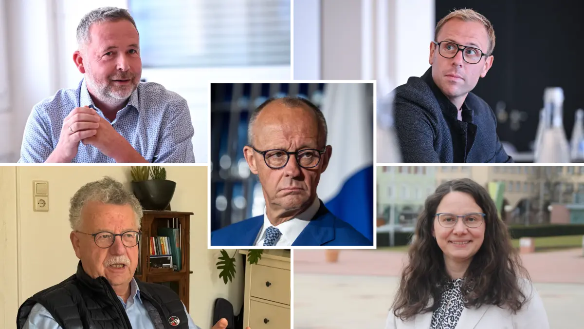 Ist Friedrich Merz (Mitte) noch der richtige Kanzler? Darauf antworten unter anderem Michael Keßler (links oben), Ferdinand Truffner (rechts oben), Hans-Joachim Fuchtel (links unten) und Katrin Schindele.