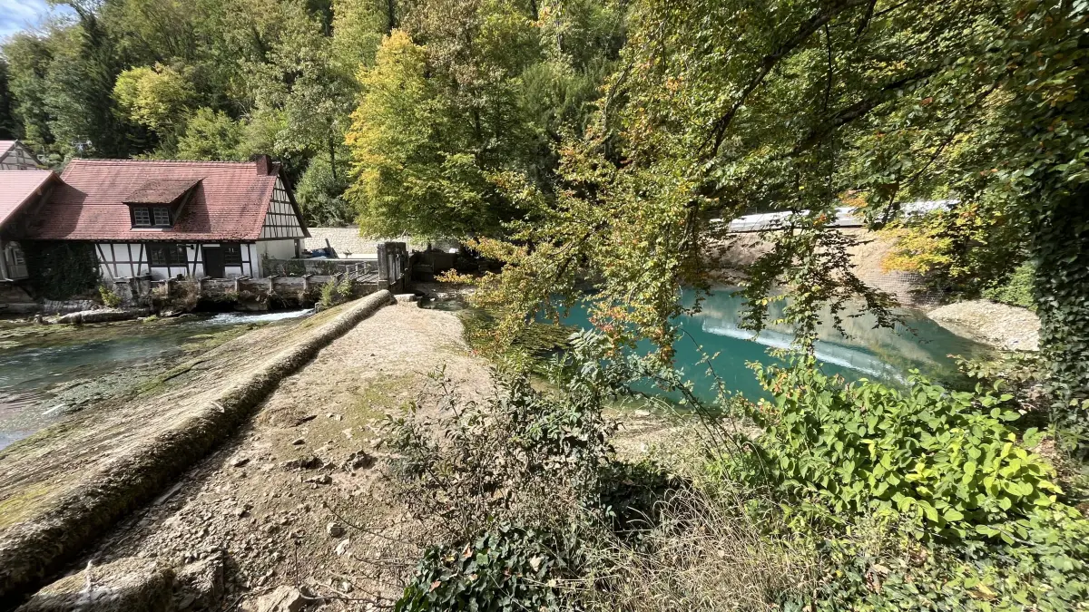 Der Wasserpegel im Blautopf ist soweit wie möglich durch das Öffnen der Fallenstöcke abgesenkt. Dadurch ist der Quelltopf deutlich kleiner und am Ufer erscheint viel Gestein und Matsch.