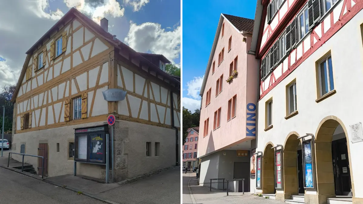 Zwei der Lichtspielhäuser in der Schwäbisch Haller Innenstadt: das Kino im Schafstall (links) und das Kino in der Zollhüttengasse.