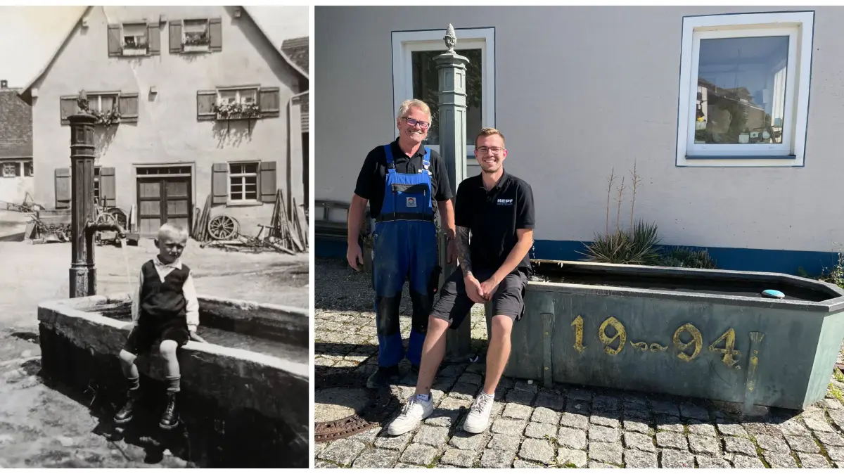 Firma Hepp in Zwiefalten-Baach wird 200 Jahre alt. Links vermutlich Josef Hepp um 1910 am Brunnen vor der Schmiede, rechts Gerhard und Martin Hepp heute. Der Brunnen wurde 1994 restauriert und etwas versetzt.