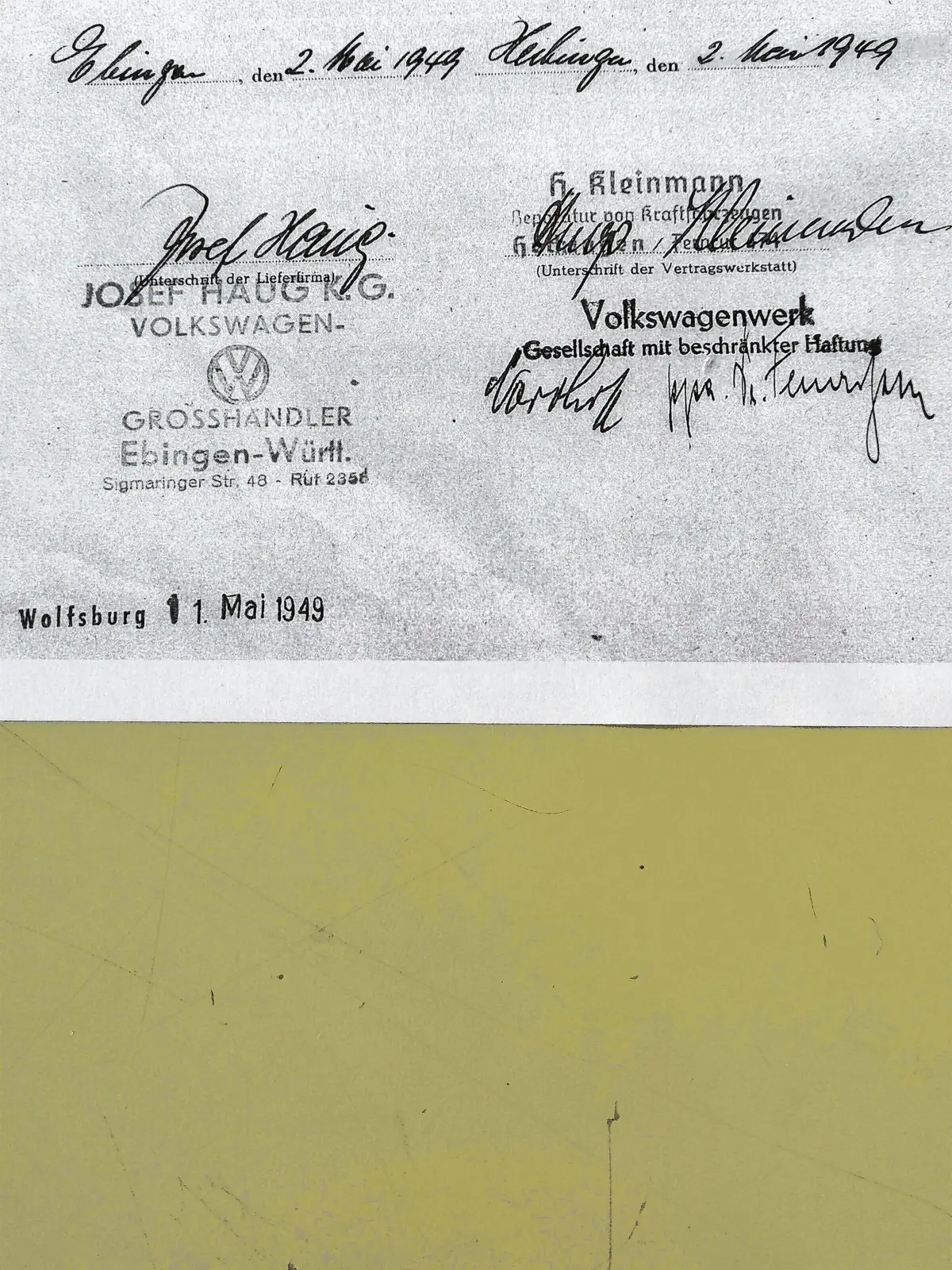 Ein Dokument mit Aufbewahrungscharakter: Die Unterschriften unter den Werkstattvertrag aus dem Jahr 1949.