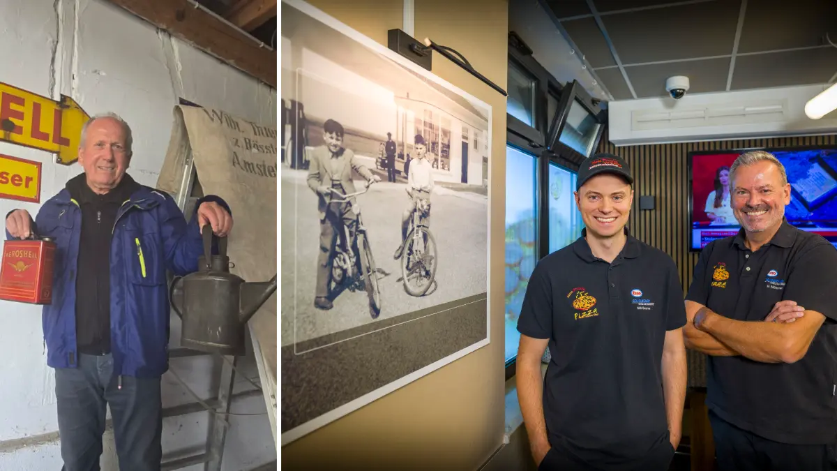 Älteste Familienbetriebe in Sachen Kraftstoff in der Region: links Max Hagmeyer aus Amstetten, rechts Markus Mössner mit Sohn Marian in Seligweiler am historischen Foto aus den 50er Jahren.