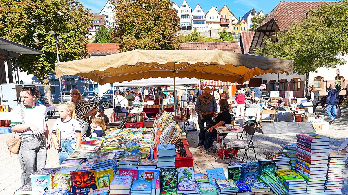 Vor der Horber Stadtsilhouette gab es Bücher, Bücher und nochmals Bücher.