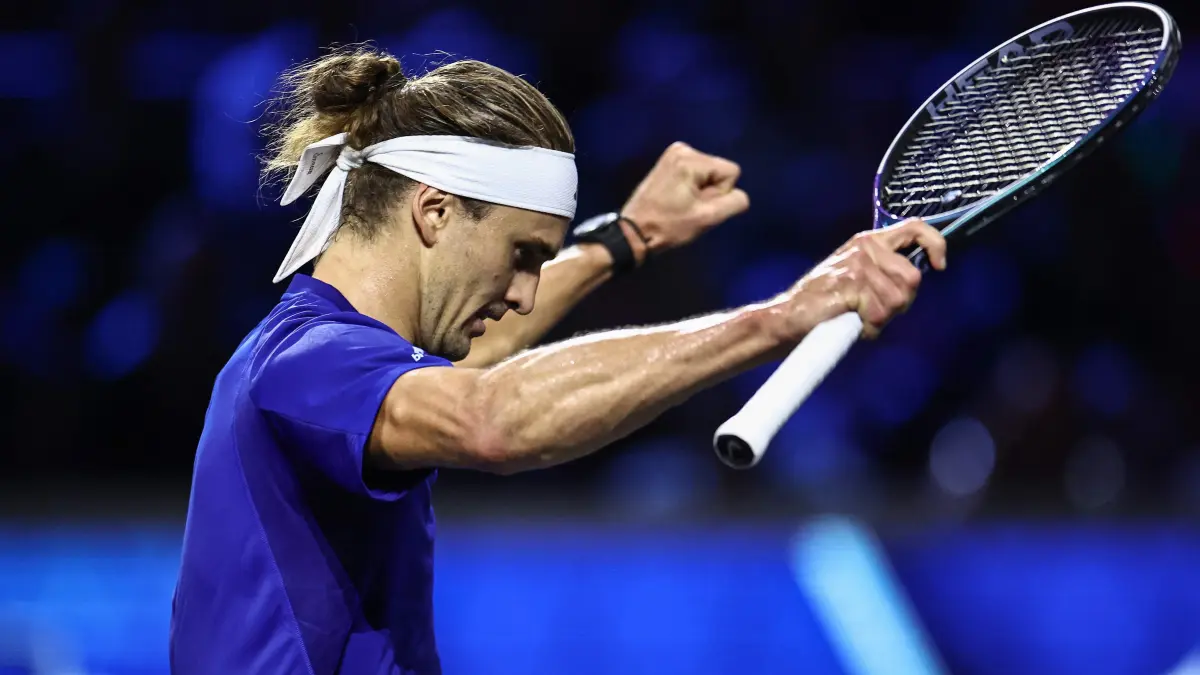 776537365: Germany's Alexander Zverev of Team Europe reacts after winning a game against USA's Learner Tien of Team World during their 2026 Laver Cup men's singles tennis match, at the O2 Arena in London on September 27, 2026. (Photo by Henry Nicholls / AFP) / RESTRICTED TO EDITORIAL USE