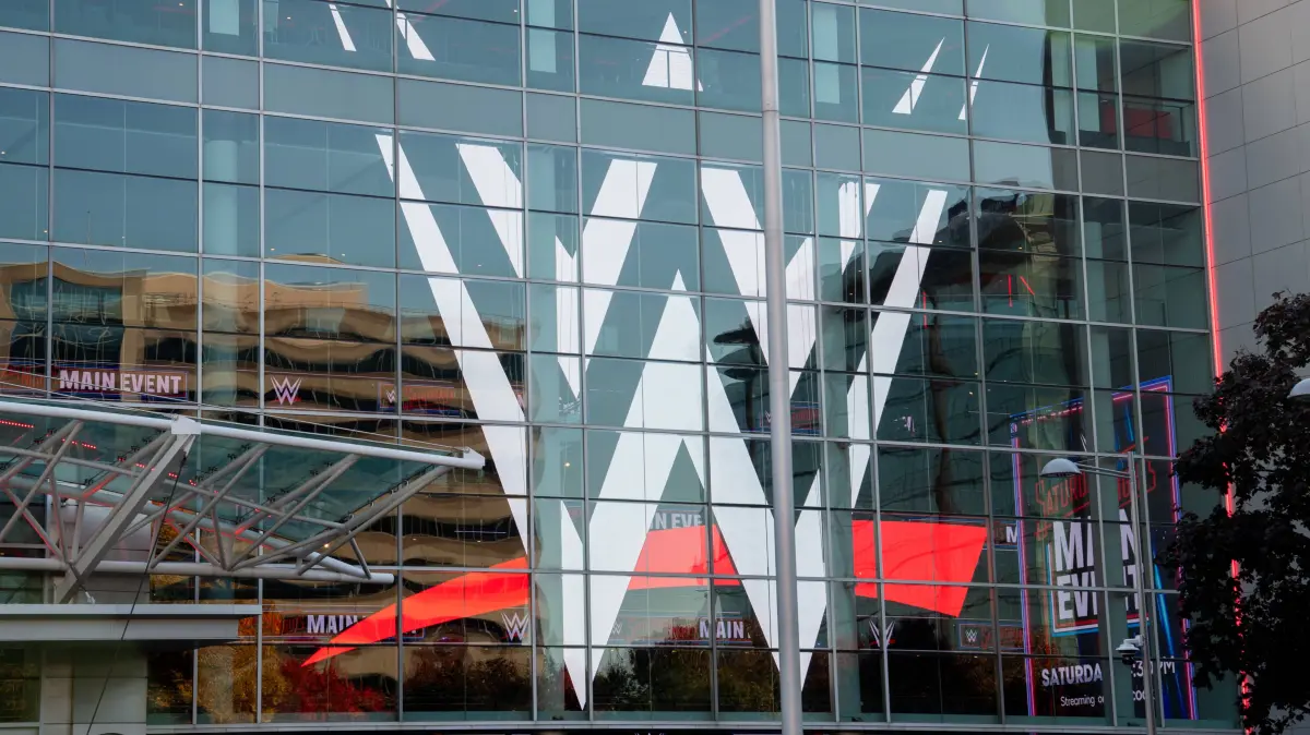STAMFORD, CT - NOVEMBER 02: A general view of the WWE logo on November 2, 2025, seen from outside the WWE headquarters in Stamford, CT. The World Wresting Entertainment WWE headquarters moved to this location in 2023 and contains corporate offices and production studios. Photo by Erica Denhoff/Icon Sportswire WRESTLING: NOV 02 World Wrestling Entertainment WWE Headquarters EDITORIAL USE ONLY Icon25110216