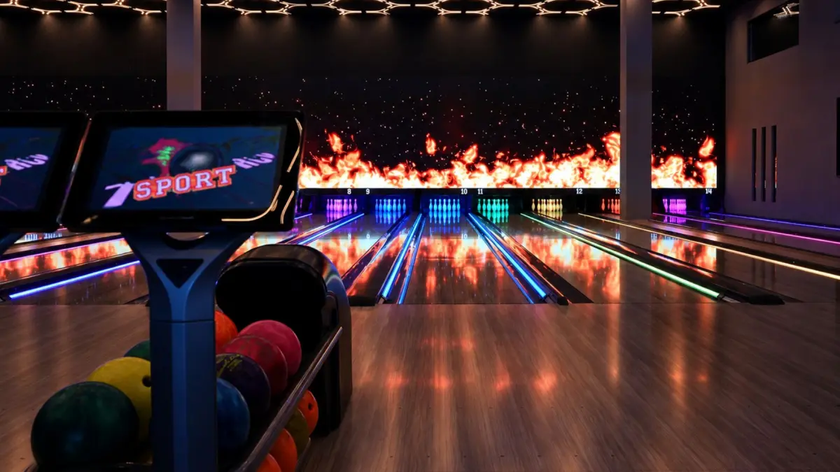 14 Bowlingbahnen, knapp 90 m² LED Wall, HyperBowling, Sportsbar, Billard und Dart.