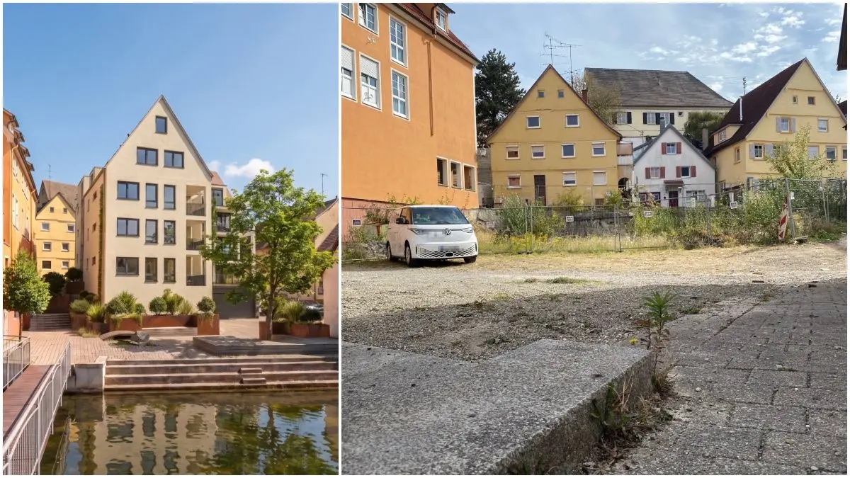 Vision und Gegenwart: Auf der Brache in der Hauptstraße 120 soll ein Mehrfamilienhaus entstehen.