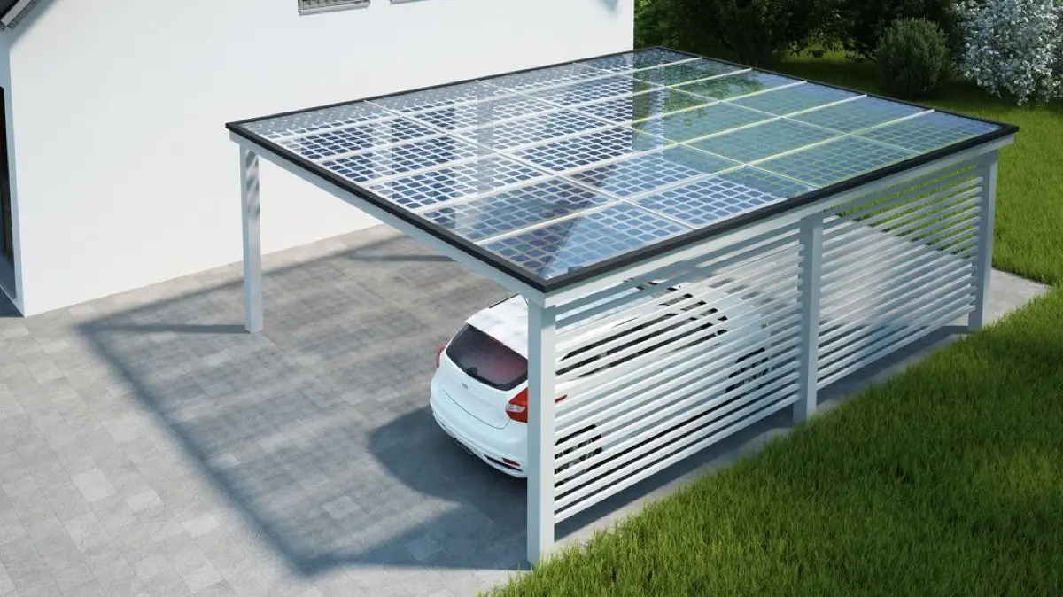 3D-Planung eines Carports mit Solarmodulen auf dem Dach.