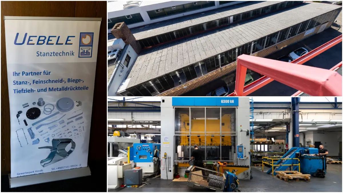 Die Uebele Stanztechnik GmbH ist seit zehn Monaten auf dem ehemaligen Odelo-Gelände in Geislingen zu Hause. Oben ist die Produktionshalle von außen zu sehen, unten eine Presse im Inneren der Anlage.
