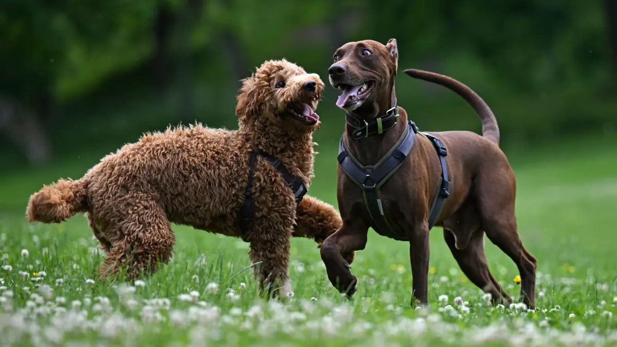 Hundesteuer: PRODUKTION - 29.05.2025, Thüringen, Erfurt: Zwei Hunde laufen auf der Hundewiese im Erfurter Nordpark frei herum. (zu dpa: «Hundesteuer in Thüringen steigt weiter») Foto: Martin Schutt/dpa +++ dpa-Bildfunk +++