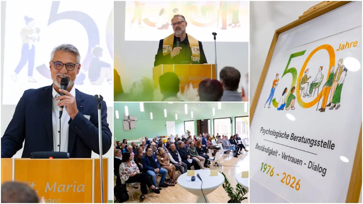 50 Jahre PFL: Das wurde am Donnerstag in Geislingen gefeiert. Franz-Xaver Baur (links) von der Caritas Fils-Neckar-Alb führte durch die Veranstaltung, Dekan Martin Ehrler (oben) hielt eine Andacht – und viele Gäste feierten mit.