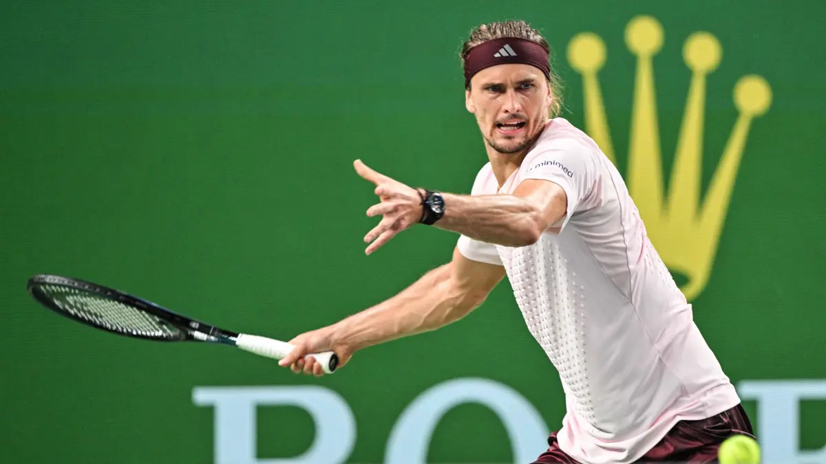 TENNIS-ATP-CHN: Germany's Alexander Zverev hits a return to France's Quentin Halys during their men's singles match at the Shanghai Masters tennis tournament in Shanghai on October 11, 2026. (Photo by Hector RETAMAL / AFP)