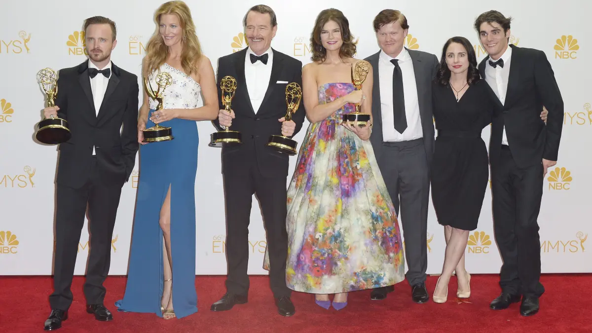 Members of the cast of Breaking Bad, winner of the Emmy for Outstanding Drama Series for 'Breaking Bad,' pose in the press room during the 66th annual Primetime Emmy Awards held at the Nokia Theatre in Los Angeles, California, USA, 25 August 2014