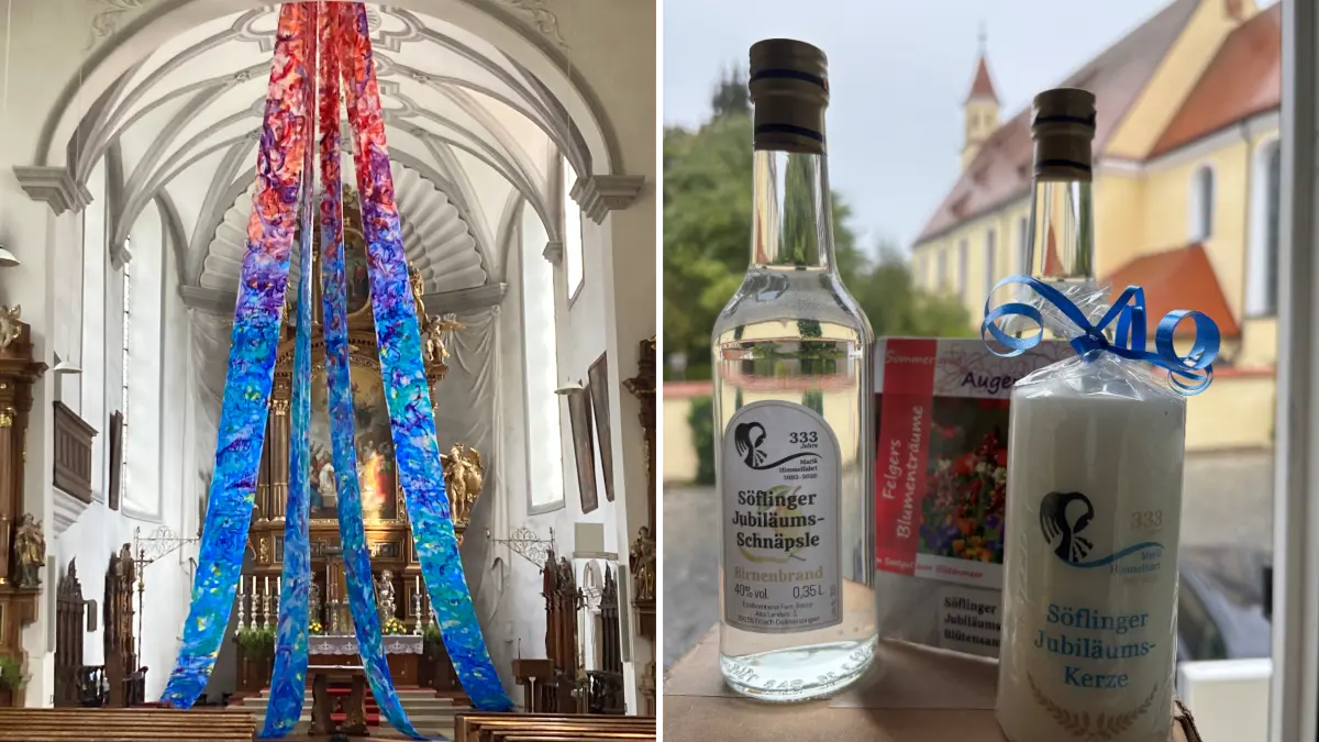 Jubiläumsjahr von Mariä Himmelfahrt Söflingen: Zur Weihe vor 333 Jahren gibt es heuer ein Jubiläums-Schnäpsle, Kerzen und Tütchen mit Blumensamen. Und außerdem eine Kunst-Installation von Marianne Hollenstein (links).