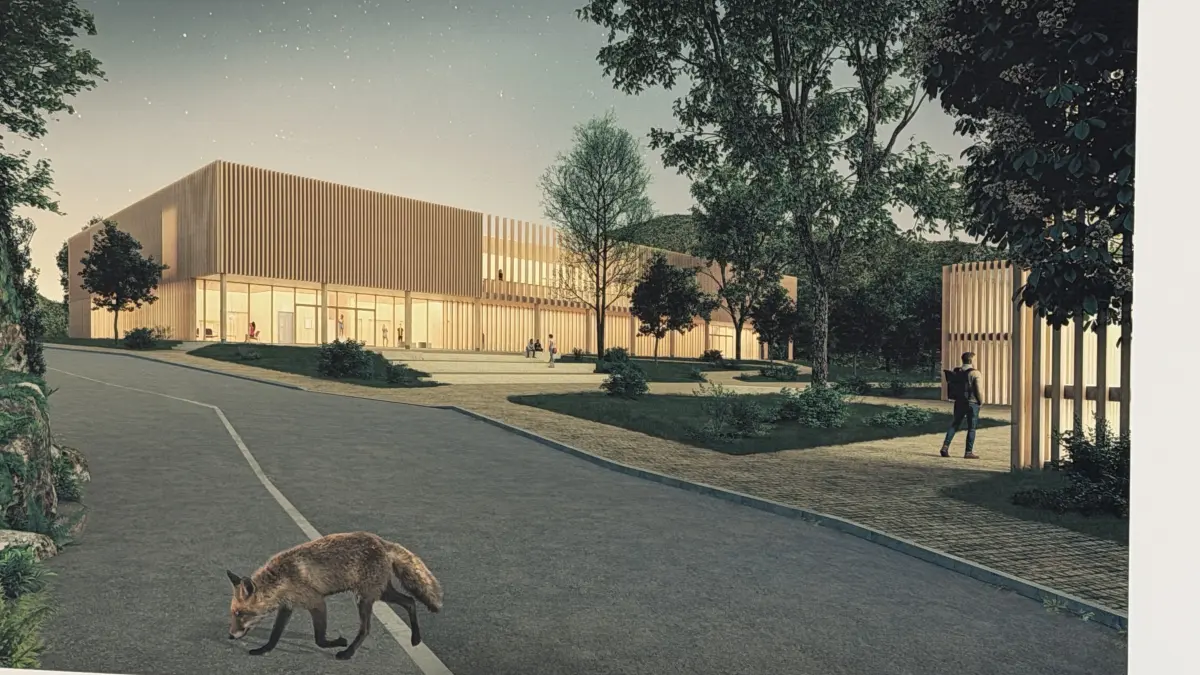Entwurf mit Fuchs: So soll die neue Stadthalle in Schelklingen aussehen. Das Büro 3PO aus Potsdam hat den Siegerentwurf geplant.