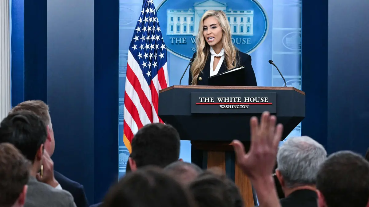 US-POLITICS-BRIEFING-ZACHARIA: Newly appointed White House Press Secretary Katie Zacharia concludes her first press briefing in the James Brady Briefing Room of the White House in Washington, DC, on October 13, 2026. (Photo by Jim WATSON / AFP)