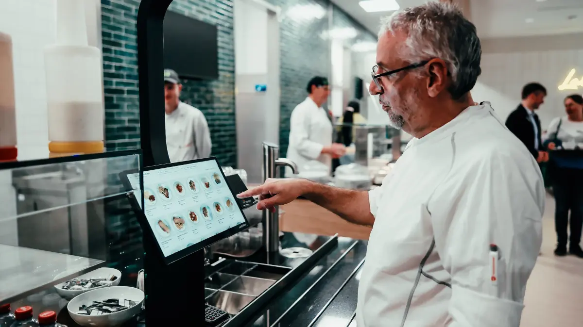 Smartes Bezahlen in der Kantine des neuen Reutlinger Landratsamtes: Betriebsleiter Gerhard Zöhrer demonstriert das neue System, das die Gerichte mithilfe einer Kamera automatisch erkennt.