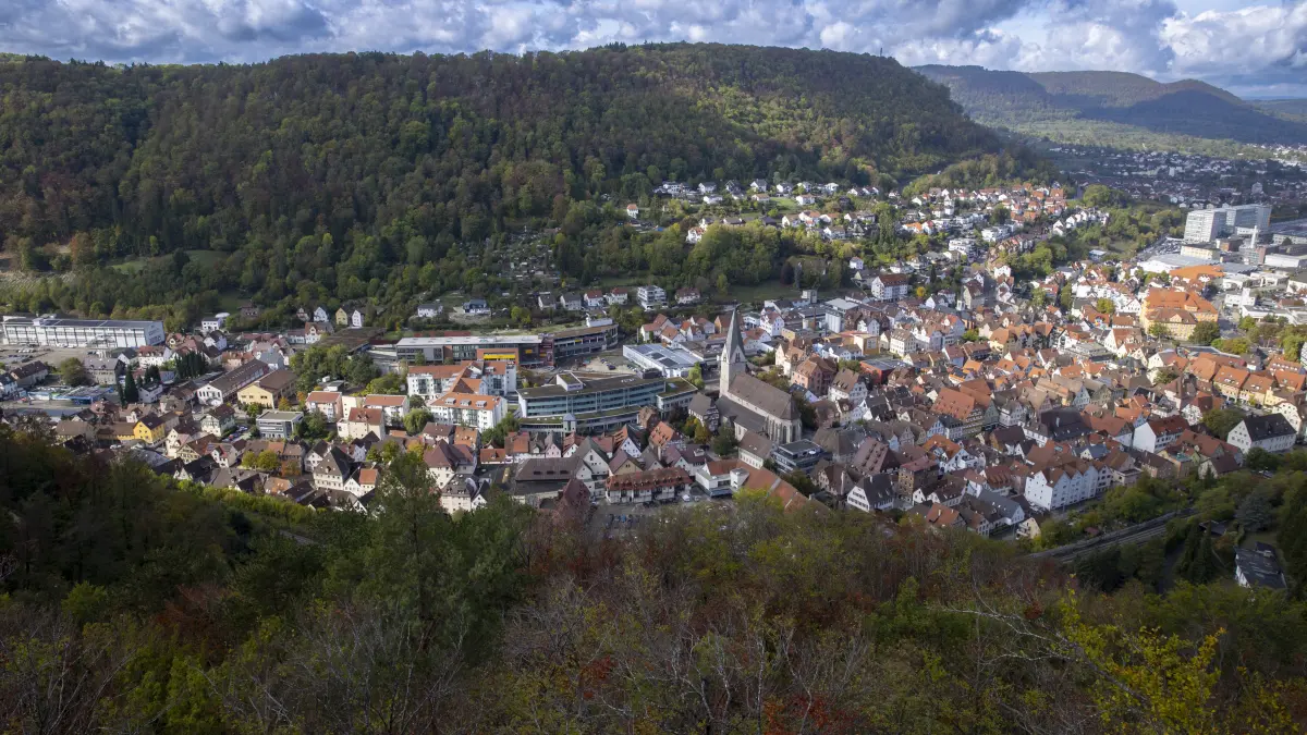 Geislingen, Blick vom Ödenturm auf die Obere Stadt - Überbelegung von Altstadtwohnungen
