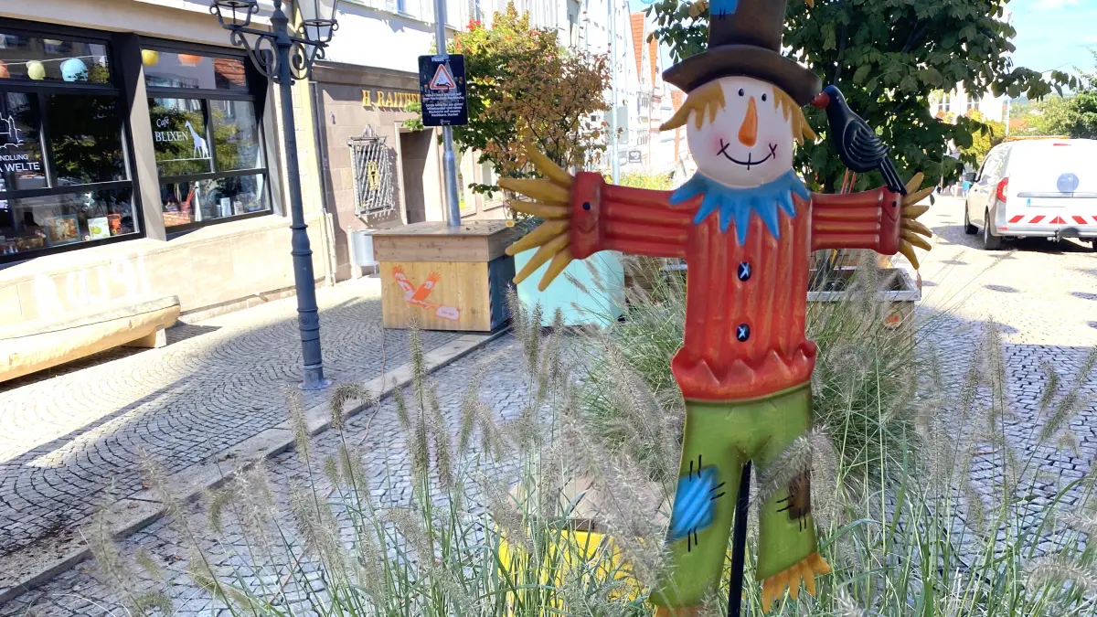 Der Hechinger Marktplatz ist herbstlich umdekoriert worden. Viele Lampions am Stadthimmel haben sich in Geistergesichter verwandelt.