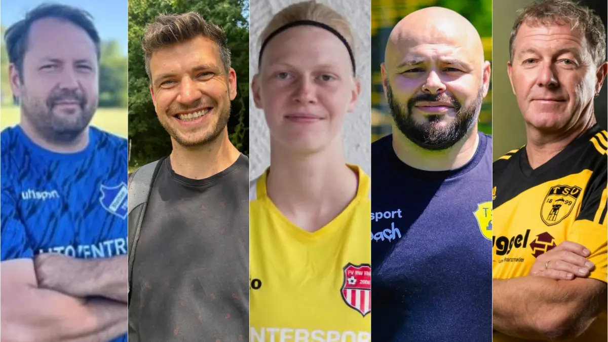 (v. links): Benjamin Preis (SGM Stetten/Hechingen), Simon Lehmann (SGM Geislingen/Leidringen II), Sarah Müller (RW Ebingen), Mehmet Danis ( Frommern II), Reiner Geiser (Benzingen).