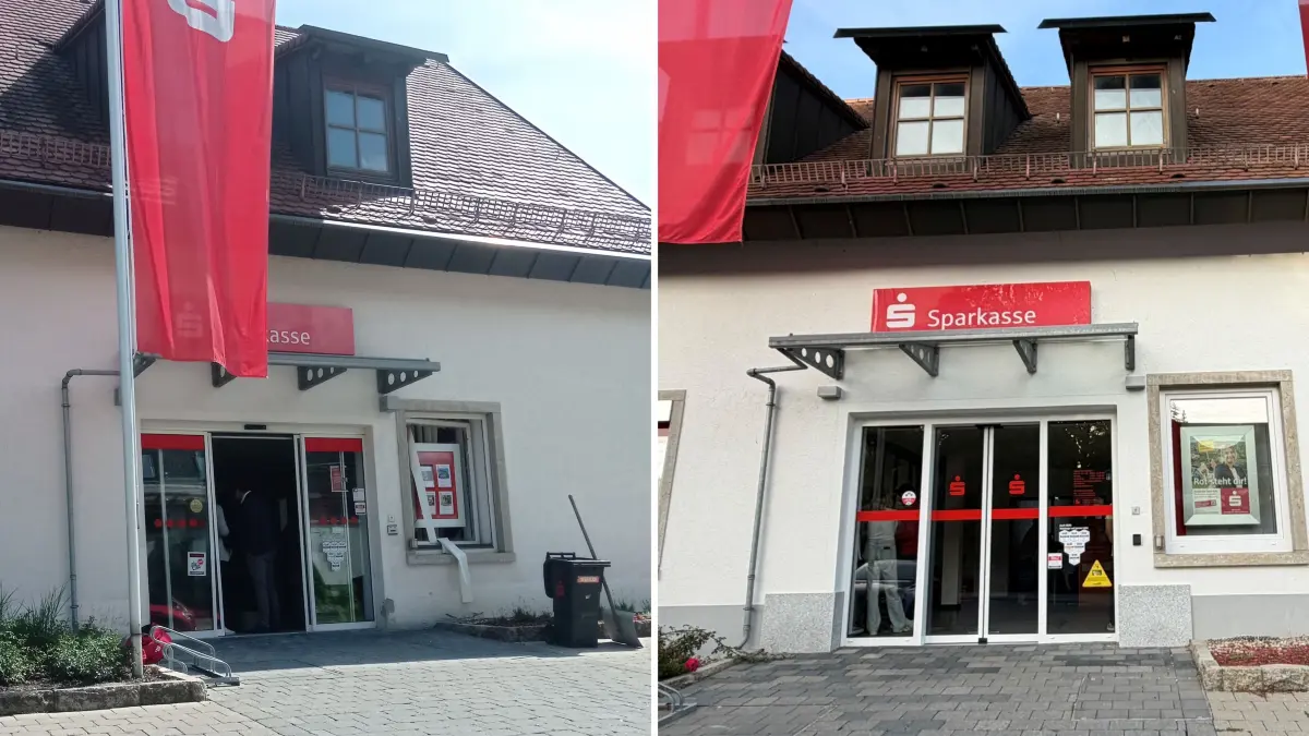 Die Sparkassen-Filiale in Satteldorf: einmal am Tag der Geldautomaten-Sprengung im Mai 2024 (links) und einmal im Oktober 2026