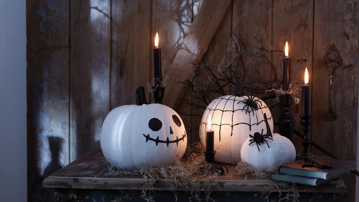 Weiße Kürbisse mit Glitzerfratzen: Nicht geschnitzt, sondern geklebt: Das sind die Fratzen dieser Kürbiskreaturen. (zu dpa: «3 Halloween-Ideen: So gelingt die Kürbis-Deko ohne Aushöhlen»)