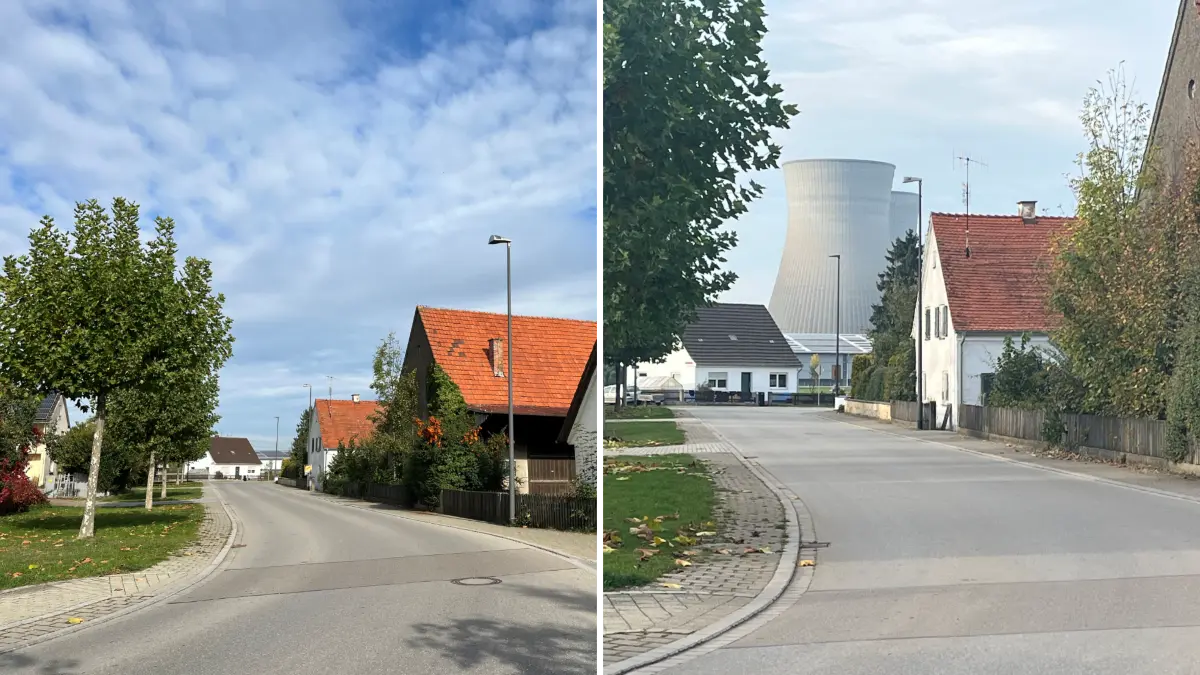 Dieselbe Straße in Gundremmingen: 2025 mit und 2026 ohne Kühltürme.