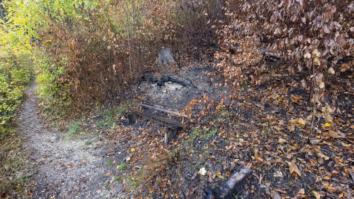 Geislingen, abgebrannte Parkbank am Verbindungsweg zwischen Katzenloch und Eybacher Tal, unterhalb Bismarckfelsen